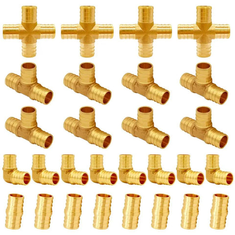 Brass Pex Crimp Fitting Kit Half Inch 28 Piece Set With Straight Elbow Tee And Four Way Fittings displayed on white background