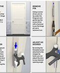 Instructional steps for installing the Five Pack Heavy Duty Hinge Pin Door Stop in White for slam-proof door control.