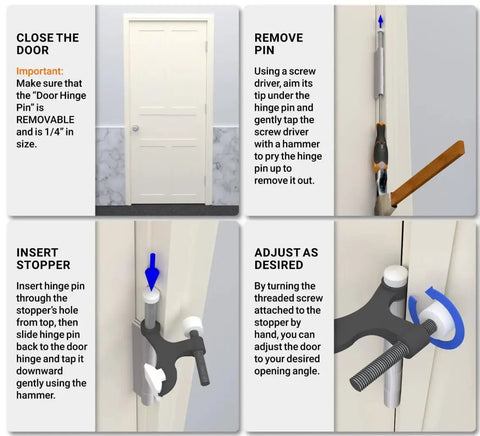 Instructional steps for installing the Five Pack Heavy Duty Hinge Pin Door Stop in White for slam-proof door control.