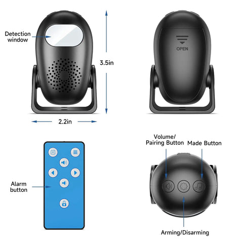 Wireless Indoor Motion Detector With Remote Control And Welcome Alarm Chime For Retail Shops, Offices, And Warehouses, Instant Entry Alerts When Customers Walk-In, Easy Setup, Battery Powered, Selectable Modes, Motion Sensor Alarm, 3.5in black unit and remote