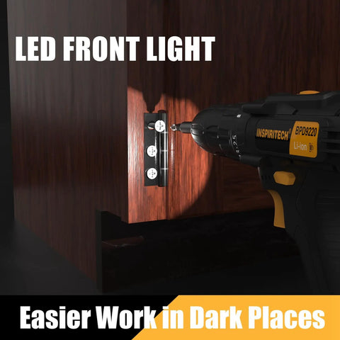 20V Cordless Drill Kit With 2 Batteries And Charger For DIY Home Improvement used with LED light in dark area