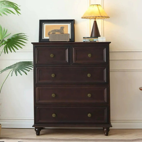 Dark wood dresser with Vintage Flower Pattern Cabinet Knob Set 10 Pcs Antique Brass Hardware For Cabinets Drawers And Doors Flower Shape Pulls.
