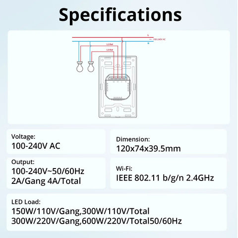 NSPanel Smart Wall Switch With Touchscreen, Two Channel WiFi Scene Controller for Lights and Climate specifications chart