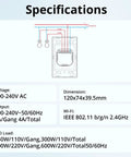 Specifications diagram for NSPanel Smart Switch 2-Switch Touchscreen Control Hub with voltage and dimension details.