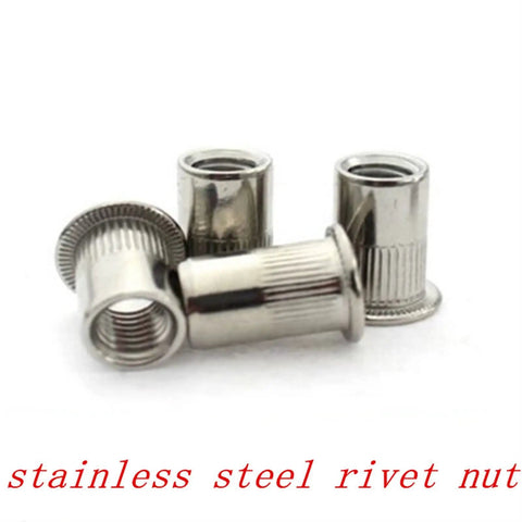 6 Pack Flat Head Threaded Insert Nut Rivets For Sheet Metal Steel Aluminum Abs Fiberglass M3 To M12 Sizes Zinc Plated Carbon Steel Knurled Body Prevents Spinning Heavy Duty Holds Like A Boss Secure Installation Every Time, showing stainless steel rivet nuts
