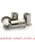 Grab A 6 Pack Of Flat Head Threaded Inserts For M3 M12 Heavy Duty Rivnuts Perfect For Sheet Metal Steel Aluminum And Auto Projects Rust Resistant Fixings, close-up of stainless steel rivet nuts.