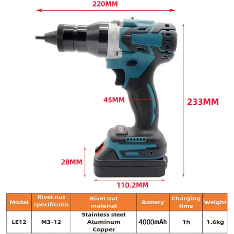 Beachtiful Cordless Rivet Nut Tool Electric Automatic Brushless Blind Rivet Fastener Kit side view with dimensions and specifications.