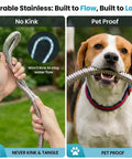 Image of a Heavy Duty Metal Garden Hose With Stainless Steel Braided Construction showing its kink resistance and pet-proof qualities.