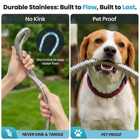 Image of a Heavy Duty Metal Garden Hose With Stainless Steel Braided Construction showing its kink resistance and pet-proof qualities.