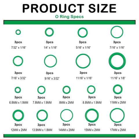 Comprehensive 139 Piece Car AC O Rings And Gasket Kit With Metal Gaskets And Sealing O Rings size chart display.