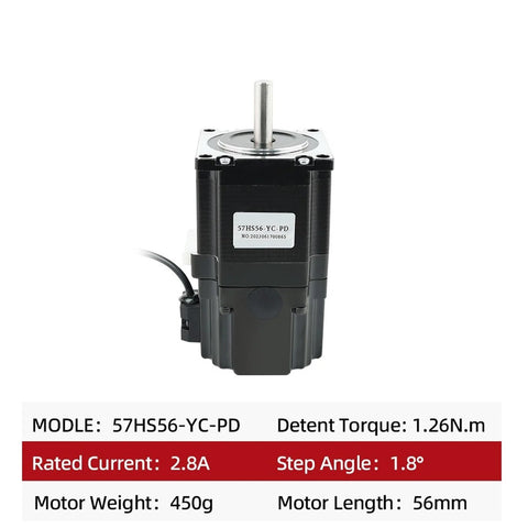 Front view of NEMA23 stepper motor with output shaft, black housing and 57HS56-YC-PD label