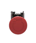 Front view of Schneider Electric XB4BS8442 red emergency stop push button with chromium bezel for 22mm cutouts.