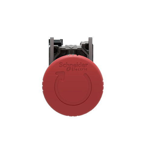 Front view of Schneider Electric XB4BS8442 red emergency stop push button with chromium bezel for 22mm cutouts.