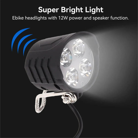 12W Ultra Bright Bike Front Light For Electric Bikes And Scooters With Fog Lights And Horn, Easy To Install, Fits 36V 48V 52V 60V Ebikes, Crazy Bright Night Riding LED Headlamp For Trails And Road