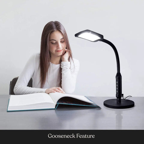 2 In 1 LED Floor And Desk Lamp With Adjustable Height And Gooseneck, Shade Options, esthetician light for lash work, on table