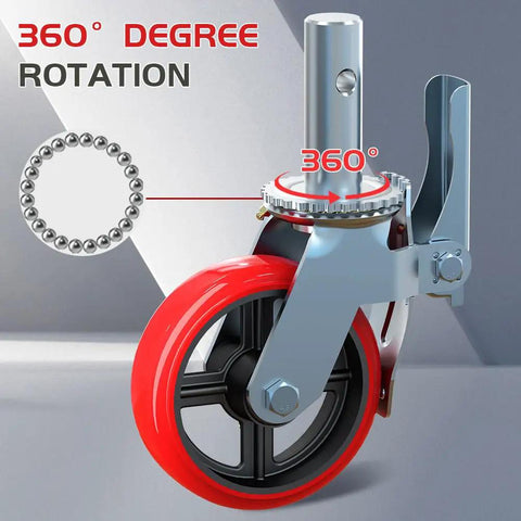 Badass Heavy Duty Eight Inch Scaffolding Caster Wheels Set Of Four Featuring Solid 2480 Lbs Weight Capacity 360 Degree Swivel Roller close-up showing rotation mechanism.