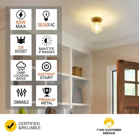 Gold Semi Flush Mount Ceiling Light With Globe Glass, shown in an indoor entryway near shelves and a door.