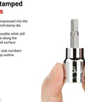 Hand holding 3/8 Inch Drive 5 mm Hex Bit Socket With S2 Steel Construction Pro Grade Build Six Sided Hex Tip Precisely Machined