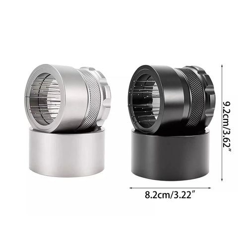 Pro Level Needle Coffee Tamper And Espresso Bed Leveler with aluminum grip in silver and black, 9.2cm height, 8.2cm base.