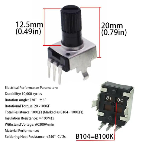 20 Pack Linear Taper Potentiometers 100K Ohm Adjustable Resistors with Plastic Shaft Knob, 12.5mm and 20mm dimensions shown.