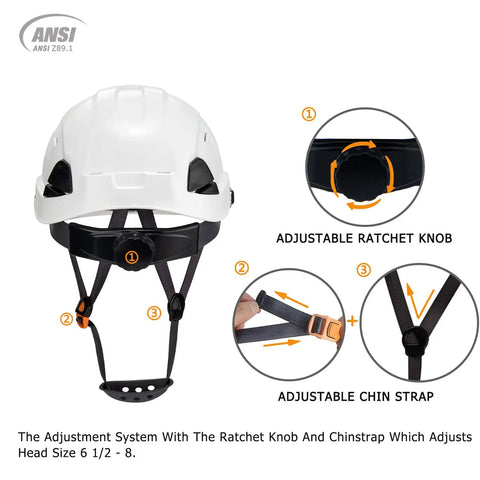 Worksite Ready Construction Hard Hat With Adjustable Visor And Ventilation, chin strap and ratchet knob detail, ANSI Z89.1
