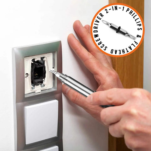 Person using 9 In 1 Multitool Pen Gift For Dad From Daughter Son Wife Stocking Stuffers For Easter Birthday Christmas Husband For Him Adult Men Cool DIY Gadget For Home Car And Everyday Use to fix a light switch.