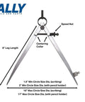 Precision Locking Woodworking Compass Draws Arcs From Two To Sixteen Inches With Quick Adjust Wingnut Includes Building Pencils And Sharpener showing 8" leg length and adjustment details.
