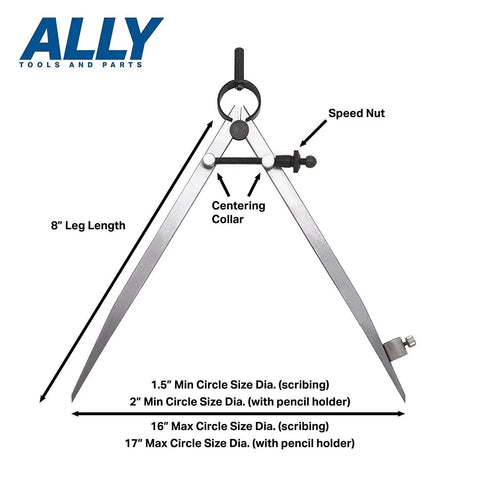 Precision Locking Woodworking Compass Draws Arcs From Two To Sixteen Inches With Quick Adjust Wingnut Includes Building Pencils And Sharpener showing 8" leg length and adjustment details.