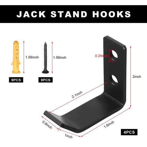 4 Pack Heavy Duty Jack Stands Wall Mount Organizer For 2 To 6 Ton Jacks showing L-shaped hook dimensions and hardware