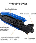 Adjustable Coax Cable Crimp Kit With Stripper And 20 F Compression Connectors for RG6 RG59 RG11 shown with carbon steel structure
