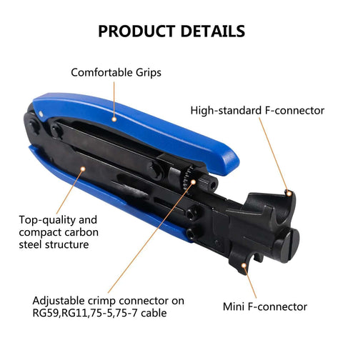 Adjustable Coax Cable Crimp Kit With Stripper And 20 F Compression Connectors for RG6 RG59 RG11 shown with carbon steel structure