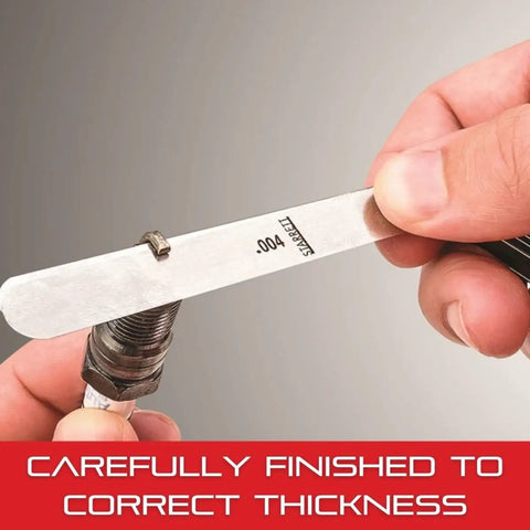Pro Grade Tempered Steel Thickness Gauge With Easily Removed Leaves For DIYers And Carpenters in use with metal part