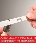 Tempered Steel Thickness Gauge With Tapered Leaves, Locking Device, Rugged Steel Case in use by hands for precise thickness measurement