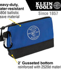Stand Up Zipper Tool Bags Set With Carabiners, 7 Inch Blue Pouch with logo and reinforced bottom detail, 2 Pack.