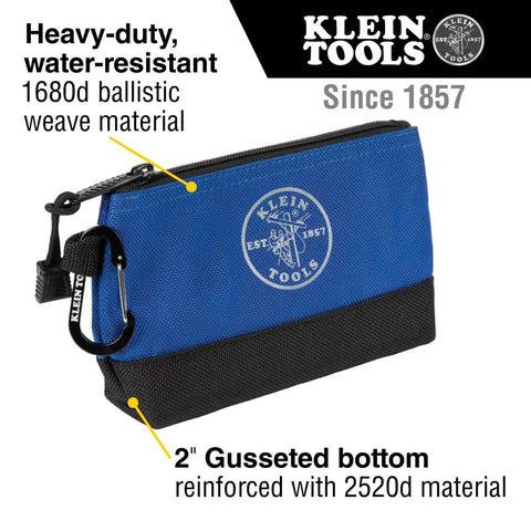 Stand Up Zipper Tool Bags Set With Carabiners, 7 Inch Blue Pouch with logo and reinforced bottom detail, 2 Pack.