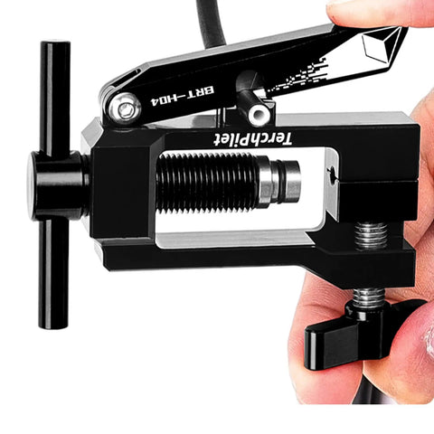 Front view of Hydraulic Brake Hose Fitting Kit with Insert Needle Driver Olive and Banjo Head Press Tool for neat cuts.