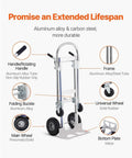 Heavy Duty Aluminum Hand Truck 2 In 1 Folding Dolly With PU Wheels, Boss Level Industrial Cart For Home, Office, And Job Site, 360 Degree Braking Wheels For Smooth, Stable Transport On Any Terrain. Aluminum alloy folding hand truck with frame, wheels, and plate