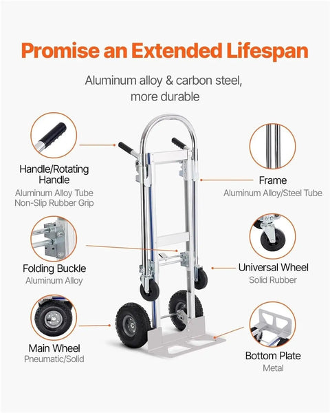 Heavy Duty Aluminum Hand Truck 2 In 1 Folding Dolly With PU Wheels, Boss Level Industrial Cart For Home, Office, And Job Site, 360 Degree Braking Wheels For Smooth, Stable Transport On Any Terrain. Aluminum alloy folding hand truck with frame, wheels, and plate