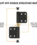 MOZCORN Lift Off Hinge 4-inch, black, set of 6; rust-resistant, removable pin