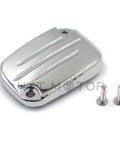 Chrome front brake fluid reservoir cap for Harley-Davidson with screws, CNC machined aluminum finish, top view