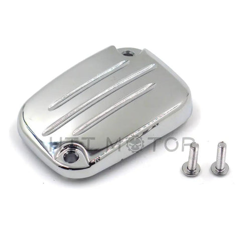 Chrome front brake fluid reservoir cap for Harley-Davidson with screws, CNC machined aluminum finish, top view