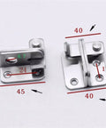 Stainless Steel Barrel Bolt Spring Latch for Safety Gate Door Hardware with precise measurements for installation.