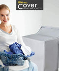 Woman in laundry room with Heavy Duty Outdoor Indoor Washing Machine Cover With Waterproof UV Shield Universal Top And Front Load Fit in the background