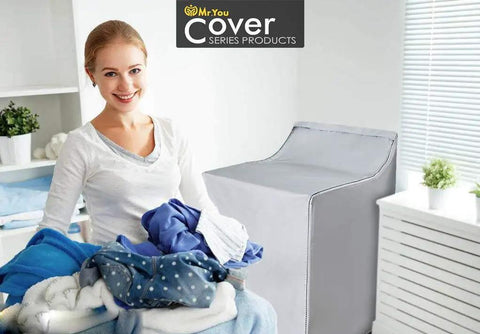 Woman in laundry room with Heavy Duty Outdoor Indoor Washing Machine Cover With Waterproof UV Shield Universal Top And Front Load Fit in the background