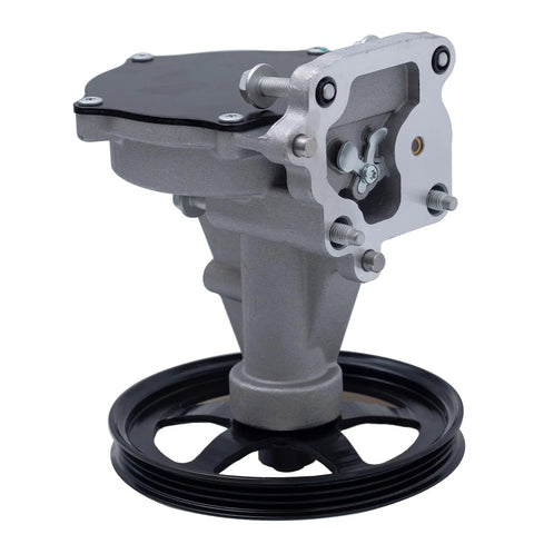 Front-right view of TUCAREST brake vacuum pump with gray housing and black pulley.