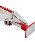 Close-up of the Manual Seed Planter With Adjustable Depth and Height for Precise Sowing on Farms, showing metal and red components.