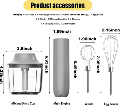 No-Fuss Cordless Hand Mixer, Kickass 4-In-1 Electric Kitchen Whip accessories including mixing glass cup and whisk.