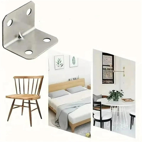 Heavy Duty Stainless Steel L Brackets 100Pcs Right Angle Corner Bracket For Furniture Reinforcement And Woodworking Joints, shown with furniture.