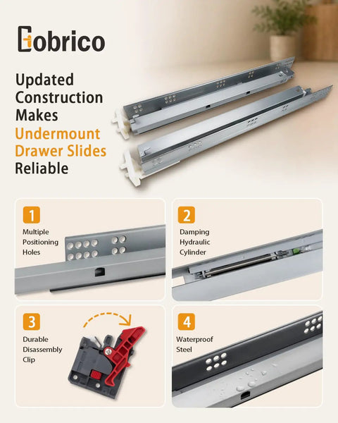 Smooth As Butter Ride Undermount Drawer Slides Soft Close Full Extension Glides Heavy Duty Concealed cabinet runners showing dampening hydraulic cylinder.