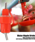 20 Pack Top Shelf Automatic Chicken Water Nipples With 360 Degree Stainless Steel Flow, close-up of red water nipple with hen drinking.